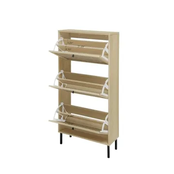 ZeHuoGe Natural Rattan Cabinet with 3 Flip Drawers, Free Standing Modern 3-Tier Shoe Storage Rack for Heels, Slippers, Entrance Hallway Entryway （3 Drawers）