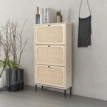 ZeHuoGe Natural Rattan Cabinet with 3 Flip Drawers, Free Standing Modern 3-Tier Shoe Storage Rack for Heels, Slippers, Entrance Hallway Entryway （3 Drawers）