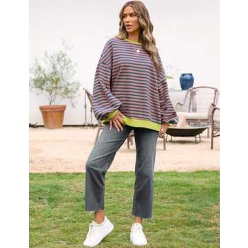 UEU Womens Striped Oversized Pullover Color Block Long Sleeve Crew Neck Sweatshirt Top Pink Green Striped Medium