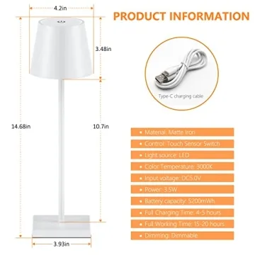 Portable LED Cordless Table Lamp, USB Rechargeable