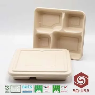 SQ USA Take Out Food Containers [BPI Certified], 9X9" 4-Compartment Meal Prep Lunch Bento Boxes with Lids, 25 Pack, Natural Disposable, Heavy Duty, Eco-Friendly, Biodegradable,Made of Bagasse