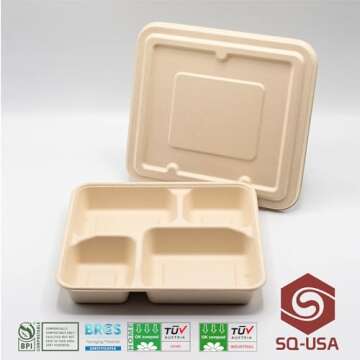 SQ USA Take Out Food Containers [BPI Certified], 9X9" 4-Compartment Meal Prep Lunch Bento Boxes with Lids, 25 Pack, Natural Disposable, Heavy Duty, Eco-Friendly, Biodegradable,Made of Bagasse