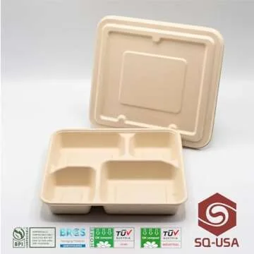SQ USA Take Out Food Containers [BPI Certified], 9X9" 4-Compartment Meal Prep Lunch Bento Boxes with Lids, 25 Pack, Natural Disposable, Heavy Duty, Eco-Friendly, Biodegradable,Made of Bagasse