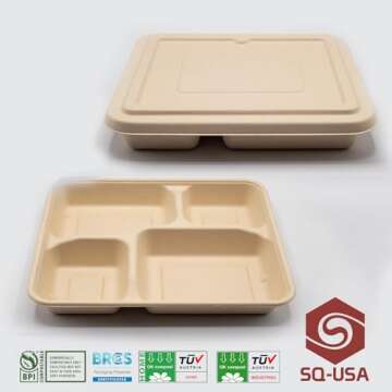 SQ USA Take Out Food Containers [BPI Certified], 9X9" 4-Compartment Meal Prep Lunch Bento Boxes with Lids, 25 Pack, Natural Disposable, Heavy Duty, Eco-Friendly, Biodegradable,Made of Bagasse