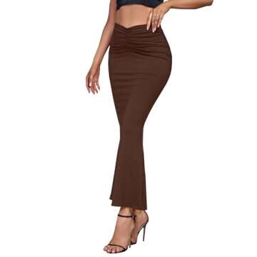 Umenlele Women's Casual High Waist Ruched Ribbed Stretchy Bodycon Long Maxi Skirt Brown Medium