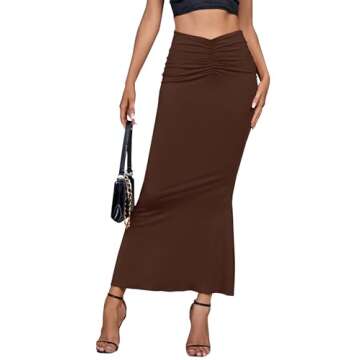 Umenlele Women's Casual High Waist Ruched Ribbed Stretchy Bodycon Long Maxi Skirt Brown Medium