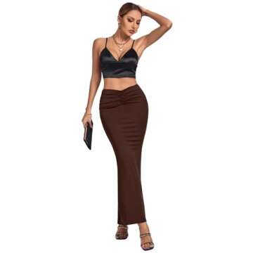 Umenlele Women's Casual High Waist Ruched Ribbed Stretchy Bodycon Long Maxi Skirt Brown Medium