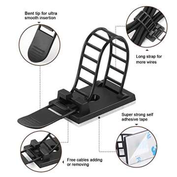50Pcs Adjustable Adhesive Cable Management Clips, Nylon Cable Strap Ties Wire Clips Clamps Organizer with Strong Adhesive Tape, Extra Screw & Hole for Strong Fixation Home Office - 3.35 Inch Black