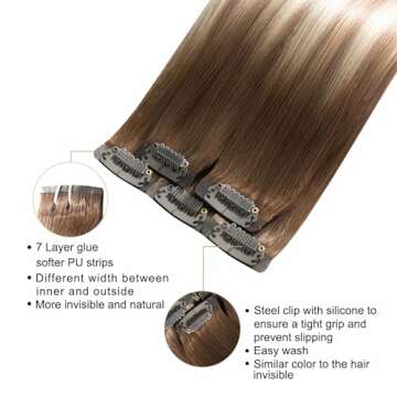 FUBILI Seamless Clip in Hair Extensions PU Skin Weft Real Human Hair 30g 5pcs Balayage Walnut Brown ...