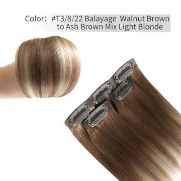 FUBILI Seamless Clip in Hair Extensions PU Skin Weft Real Human Hair 30g 5pcs Balayage Walnut Brown to Ash Brown Mix Light Blonde Invisible clip in human hair Clip Real Hair 16 Inch