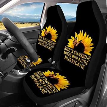 BIGCARJOB She's Sunshine Sunflower Car Seat Covers Full Set of 12 Pack Steering Wheel Cover for Wome...