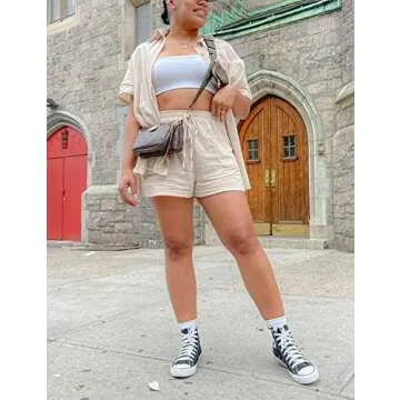 SeekMe Linen Short Sets for Women Short Sleeve Top Shorts 2 Piece Summer Beach Vacation Outfits Lounge Tracksuits(1717-Apricot-M-FY)