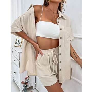 SeekMe Linen Short Sets for Women Short Sleeve Top Shorts 2 Piece Summer Beach Vacation Outfits Lounge Tracksuits(1717-Apricot-M-FY)