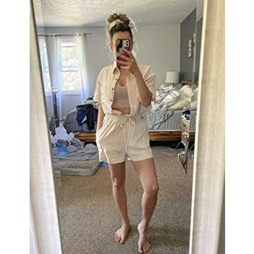 SeekMe Linen Short Sets for Women Short Sleeve Top Shorts 2 Piece Summer Beach Vacation Outfits Lounge Tracksuits(1717-Apricot-M-FY)