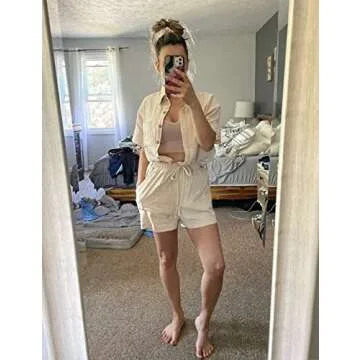 SeekMe Linen Short Sets for Women Short Sleeve Top Shorts 2 Piece Summer Beach Vacation Outfits Lounge Tracksuits(1717-Apricot-M-FY)
