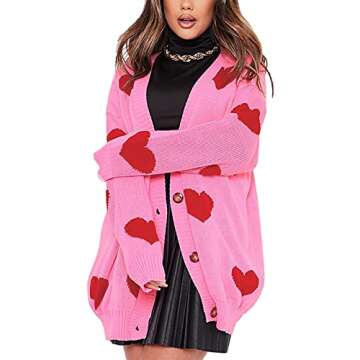 Women Valentines Day Heart Sweater Cardigan Long Sleeve Button Open Front Casual Loose Knit Sweater Outerwear (A Heart Pink, One Size)