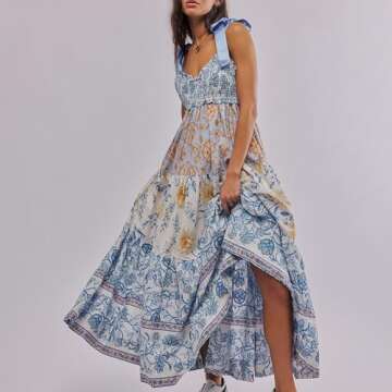 Women Summer Boho Dress Flowy Sundress Floral Printing Sleeveless Tie Shoulder Maxi Dress Y2k Beachw...