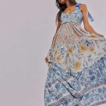 Women Summer Boho Dress Floral Tie Shoulder Maxi Dress