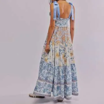 Women Summer Boho Dress Floral Tie Shoulder Maxi Dress