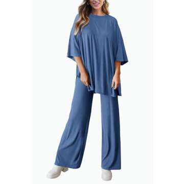 PRETTYGARDEN Women's 2 Piece Outfits Casual Short Sleeve Pullover Tops and Wide Leg Pants Lounge Sets Tracksuits (Blue,Medium)