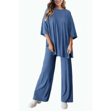 PRETTYGARDEN Women's 2 Piece Outfits Casual Short Sleeve Pullover Tops and Wide Leg Pants Lounge Sets Tracksuits (Blue,Medium)
