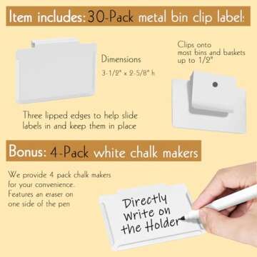 Trohestar Basket Labels Clip on | Label Holders for Basket or Storage Bins Includes Black Chalk Markers (30 White Holders + 4 Black Chalk Makers)