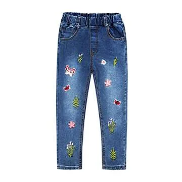 KIDSCOOL SPACE Little Big Girls Embroidery Butterfly Grass Slim Jean Pants - Perfect Fit for 6-7 Yea...