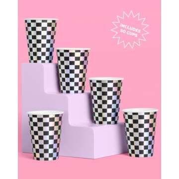 xo, Fetti Stylish Checkered Black + Iridescent Party Cups | 50 Disposable 14 oz Cups - Perfect for B...