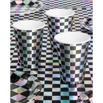 Checkered Black + Iridescent Disposable Party Cups - 50 Pack