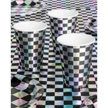 Checkered Black + Iridescent Disposable Party Cups - 50 Pack