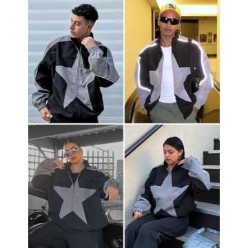 Aelfric Eden Reflective Stripe Star Zipper Jacket Graphic Oversized Lightweight Jacket Casual Comfy Soft Coats