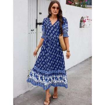 PRETTYGARDEN Beach Dresses for Woman Summer Casual 2024 Resort Outfits Elegant Bohemian Maxi Dress Floral Vacation Sundresses (Navy Floral,S)