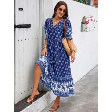 PRETTYGARDEN Beach Dresses for Woman Summer Casual 2024 Resort Outfits Elegant Bohemian Maxi Dress Floral Vacation Sundresses (Navy Floral,S)