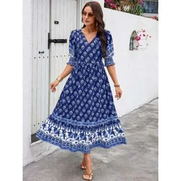 PRETTYGARDEN Beach Dresses for Woman Summer Casual 2024 Resort Outfits Elegant Bohemian Maxi Dress Floral Vacation Sundresses (Navy Floral,S)