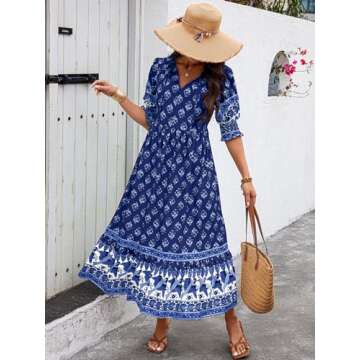 PRETTYGARDEN Beach Dresses for Woman Summer Casual 2024 Resort Outfits Elegant Bohemian Maxi Dress Floral Vacation Sundresses (Navy Floral,S)
