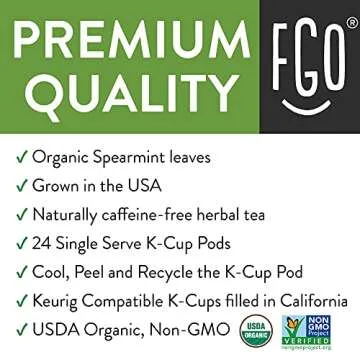 FGO Organic Spearmint Tea K-Cup Pods for Keurig, 24 Count (Pack of 1). Naturally Caffeine-Free Herba...