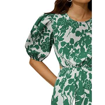 SweatyRocks Women's Boho Floral Puff Sleeve Cut Out Dress Tie Back A Line Midi Dresses Green White M