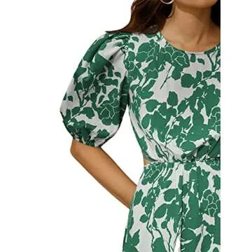 SweatyRocks Women's Boho Floral Puff Sleeve Cut Out Dress Tie Back A Line Midi Dresses Green White M