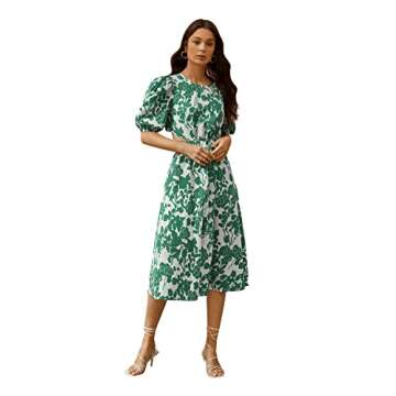 SweatyRocks Women's Boho Floral Puff Sleeve Cut Out Dress Tie Back A Line Midi Dresses Green White M