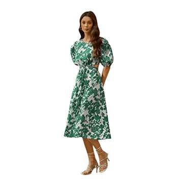 SweatyRocks Women's Boho Floral Puff Sleeve Cut Out Dress Tie Back A Line Midi Dresses Green White M