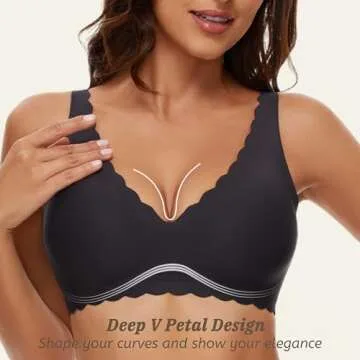 Quttlzze Deep V Petal Bras for Women No Underwire Soft Wireless Bras Comfort Seamless Bralettes with Extender Dark Black,M