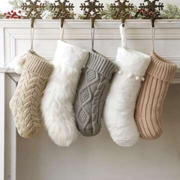 Pawliss Christmas Stockings: 5 Pack Farmhouse Plush Faux Fur & Cable Knitted Fireplace Xmas Stocking...