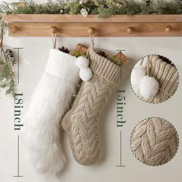 Pawliss Christmas Stockings: 5 Pack Farmhouse Plush Faux Fur & Cable Knitted Fireplace Xmas Stockings, Hanging Gifts Cozy Personalized Stocking Decorations for Family Holiday Décor, White Gray Beige