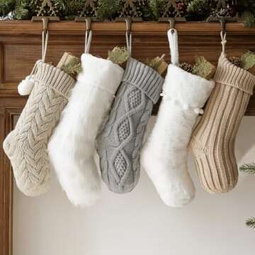 Pawliss Christmas Stockings: 5 Pack Farmhouse Plush Faux Fur & Cable Knitted Fireplace Xmas Stockings, Hanging Gifts Cozy Personalized Stocking Decorations for Family Holiday Décor, White Gray Beige