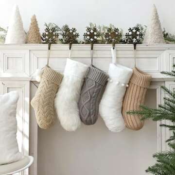 Pawliss Christmas Stockings: 5 Pack Farmhouse Plush Faux Fur & Cable Knitted Fireplace Xmas Stockings, Hanging Gifts Cozy Personalized Stocking Decorations for Family Holiday Décor, White Gray Beige