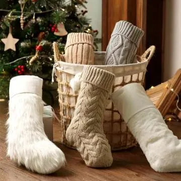 Pawliss Christmas Stockings: 5 Pack Farmhouse Plush Faux Fur & Cable Knitted Fireplace Xmas Stockings, Hanging Gifts Cozy Personalized Stocking Decorations for Family Holiday Décor, White Gray Beige