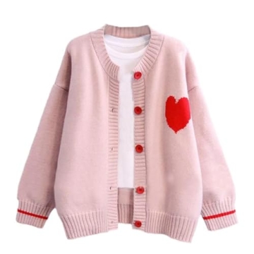 FindThy Women's Cute Cardigan Sweater Kawaii Love Heart Print Y2K Button Knitted Outerwear(0335-Pink...