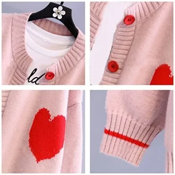 FindThy Women's Cute Cardigan Sweater Kawaii Love Heart Print Y2K Button Knitted Outerwear(0335-Pink-OneSize-LB)