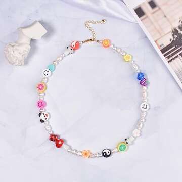 Miss Pink Beaded Necklace Pearl Choker Women Freshwater Pearl Y2K Necklace Cute Flower Mushroom Fruit Yin Yang Panda Dice Bead Handmade Boho Summer Beach Jewelry Gifts Teen