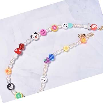 Miss Pink Beaded Necklace Pearl Choker Women Freshwater Pearl Y2K Necklace Cute Flower Mushroom Fruit Yin Yang Panda Dice Bead Handmade Boho Summer Beach Jewelry Gifts Teen